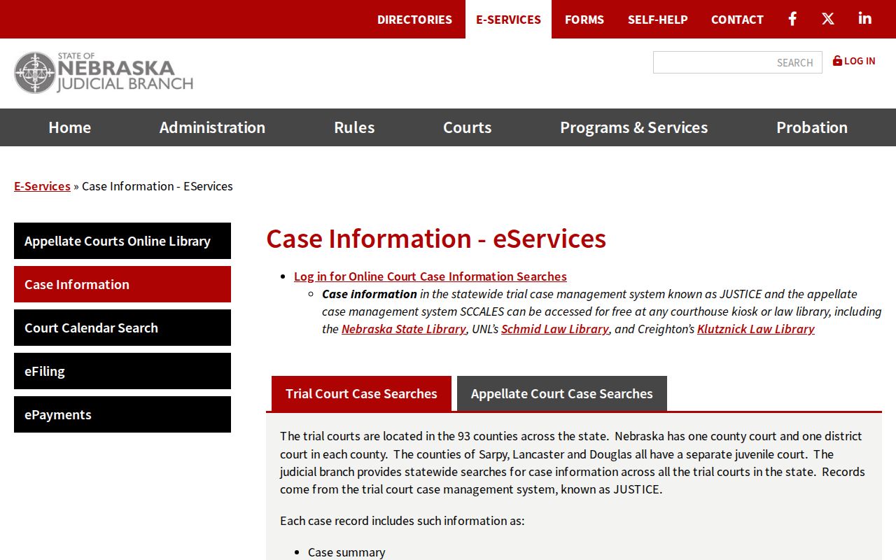 Nebraska Judicial Branch trial court case-information page
