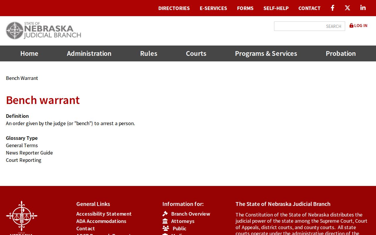 Nebraska Judicial Branch plain-language bench warrant definition