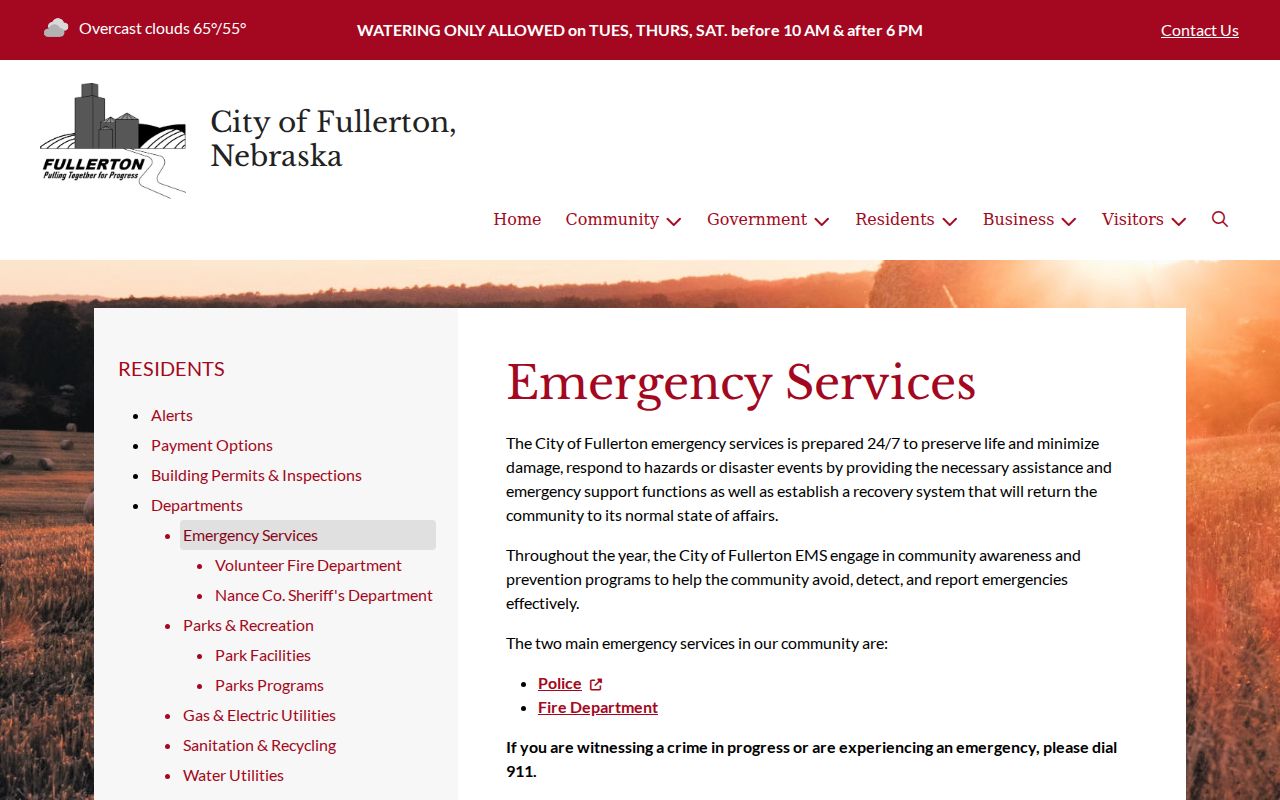 Fullerton emergency services page and 911 guidance