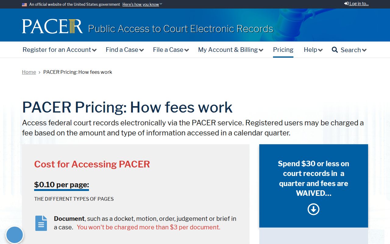 PACER federal court search and payment information