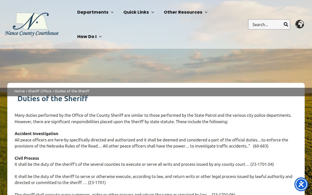Nance County Sheriff process, court attendance, jail, arrest, and extradition duties