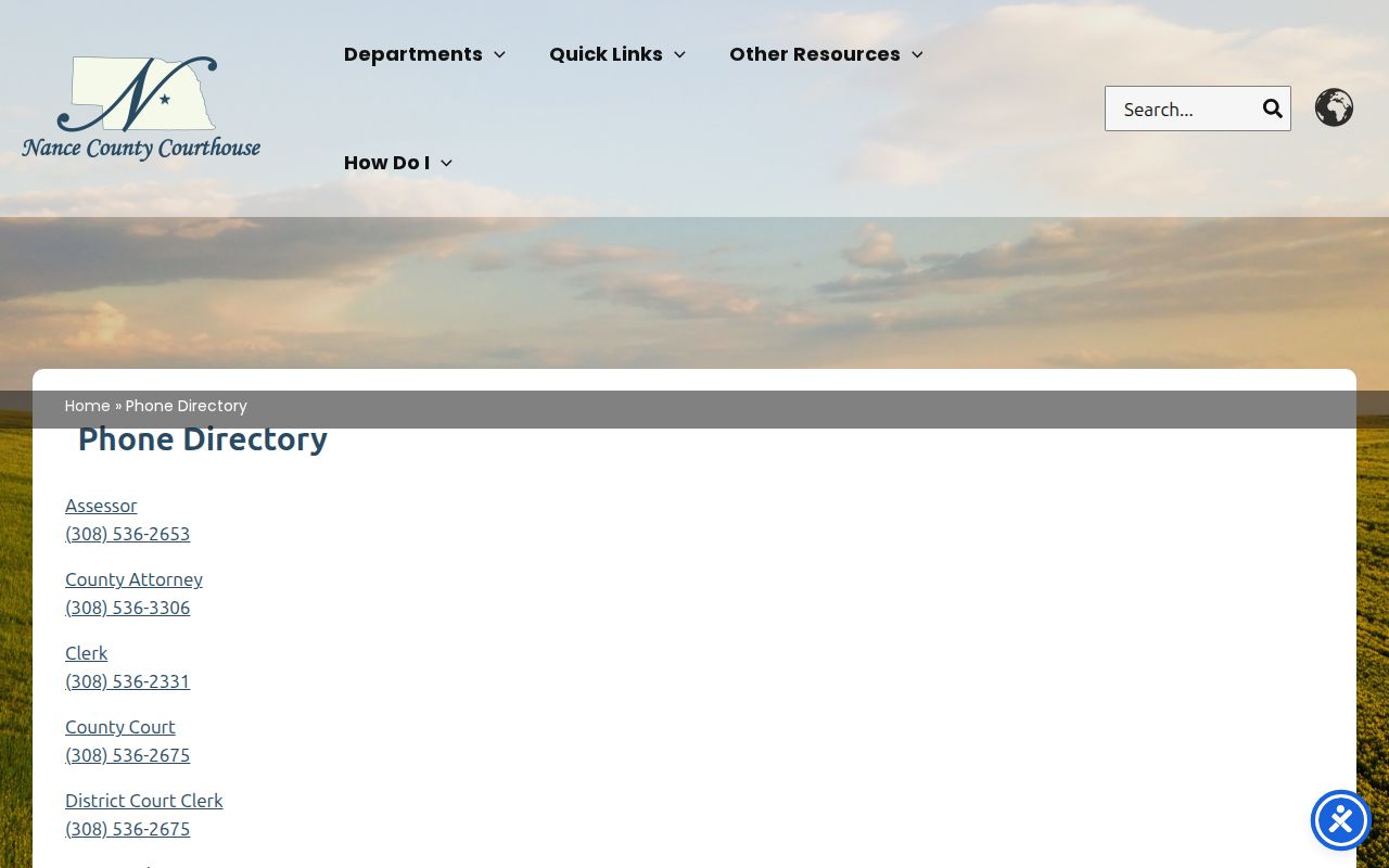 Nance County phone directory separating court, Sheriff, Clerk, and Attorney contacts