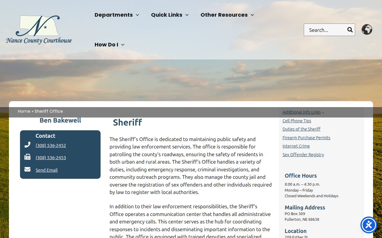 Nance County Sheriff office contact and divisions